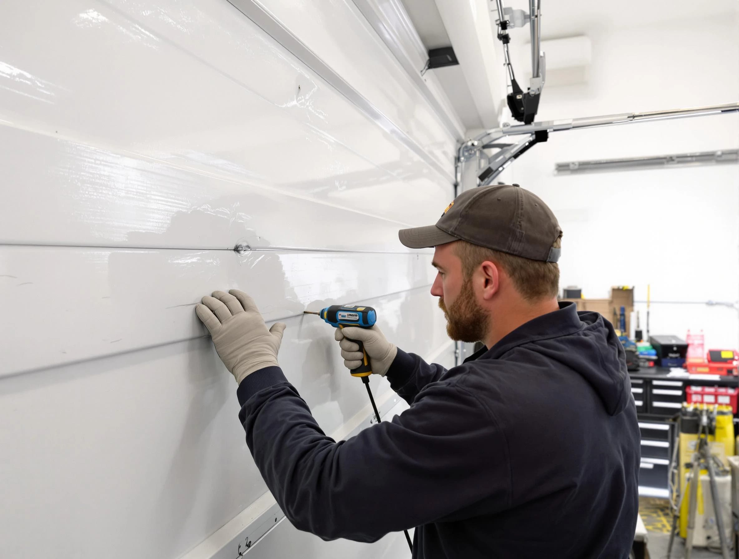 City of Orange Garage Door Repair technician demonstrating precision dent removal techniques on a City of Orange garage door